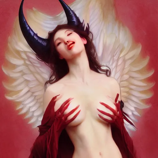 Image similar to Beautiful pale laughing succubus with wings and devil's horns, red lighting, masterpiece 4k digital illustration by Ruan Jia and Mandy Jurgens and Artgerm and william-adolphe bouguereau, highly detailed, trending on artstation, award winning,