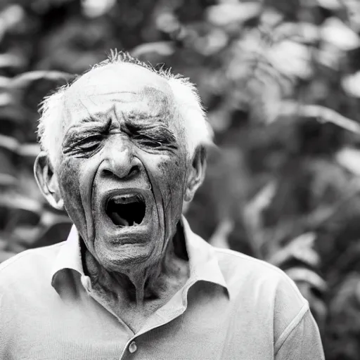 Prompt: portrait of an elderly man screaming at a butterfly, 🦋, canon eos r 3, f / 1. 4, iso 2 0 0, 1 / 1 6 0 s, 8 k, raw, unedited, symmetrical balance, wide angle