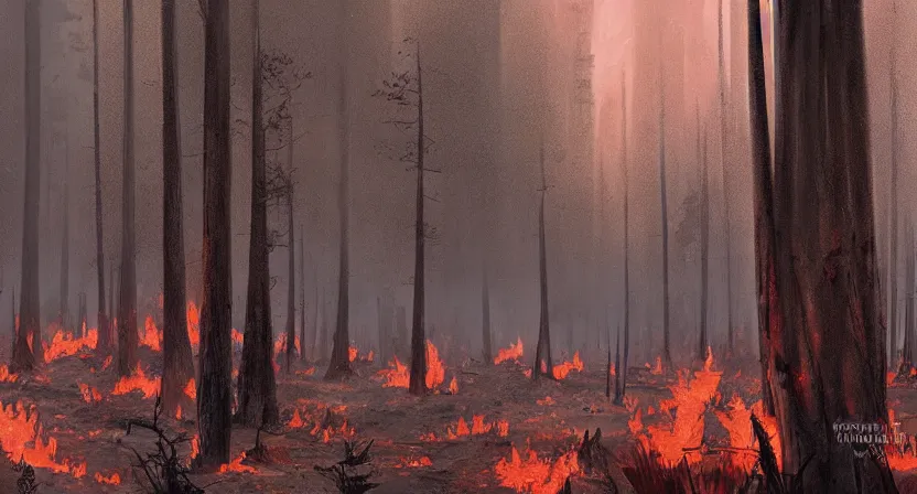 Prompt: a barren lifeless forest with burned trees concept art by Doug Chiang cinematic, realistic painting, high definition, very detailed, extremely high detail, photo realistic, concept art, red color palette, the Mandalorian concept art style