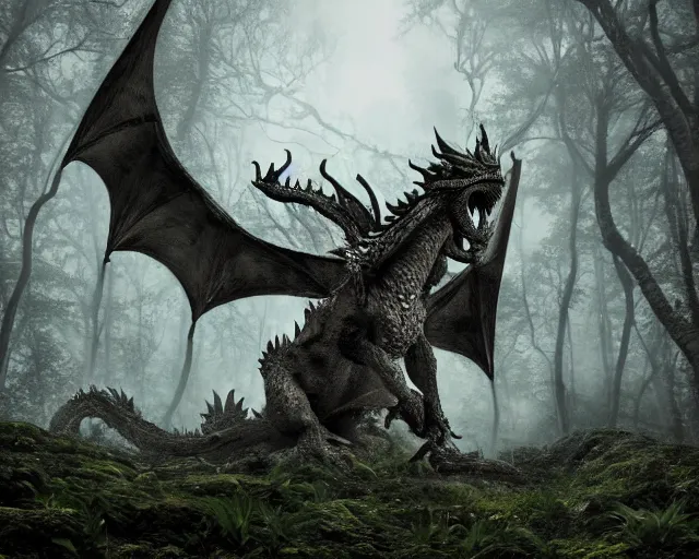Prompt: An overgrown statue of a dragon in a dark forest, winter, raining, large leaves, epic scale, immaculate lighting, dramatic and cinematic composition, digital art, trending on Artstation, detailed