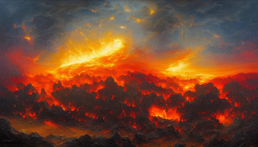 Prompt: a cubic landscape with fire in the sky, ghostly figures, by mariusz lewandowski