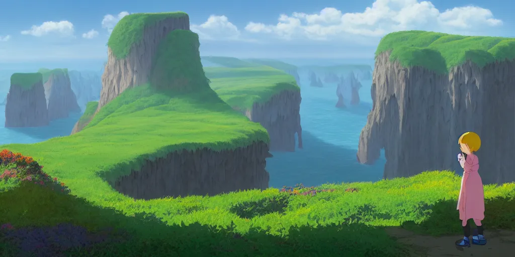 Image similar to background matte painting cliffs of dover miyazaki ghibli miyamoto pixar dreamworks, full frame, vista english countryside.