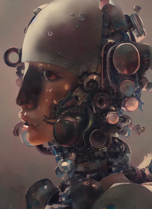 Image similar to surreal gouache painting, by yoshitaka amano, by ruan jia, by conrad roset, by good smile company, detailed anime 3d render of a female mechanical android, portrait, cgsociety, artstation, rococo mechanical costume and grand headpiece, dieselpunk atmosphere