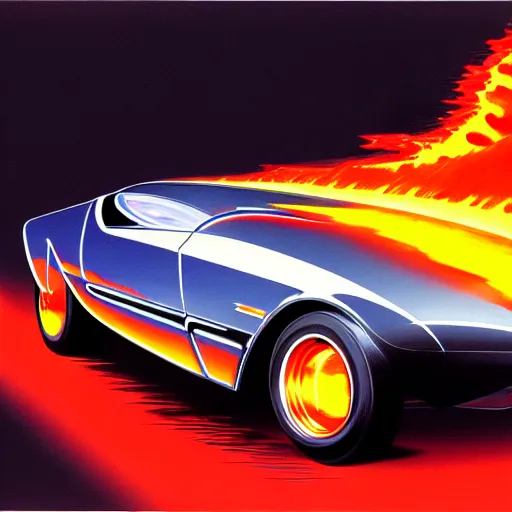 Image similar to concept art for a car with flame throwers, painted by syd mead, high quality