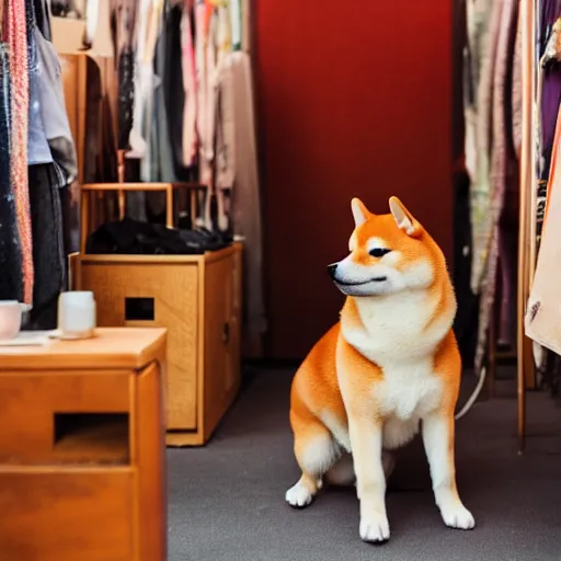 Image similar to shiba inu inside a japanese thrift store, cinematic light, warm colours, atmospheric, 8 k photography