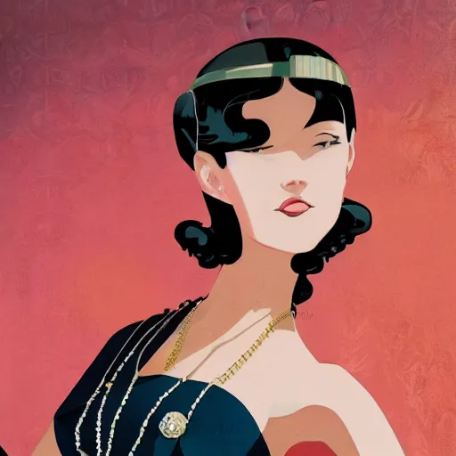 Image similar to portrait of a beautiful girl with dark hair dressed in 1920's art deco fashion, speakeasy bar background, rich vivid colors, mood lighting, ambient lighting, dynamic lighting, 4k, official media, anime key visual, makoto shinkai, ilya kuvshinov, lois van baarle, rossdraws, detailed, trending on artstation