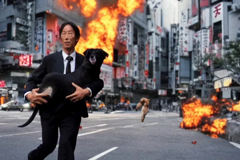 Image similar to cinematography action movie closeup portrait of a Japanese business man carrying his dog running from an explosion in Tokyo by Michael Bay