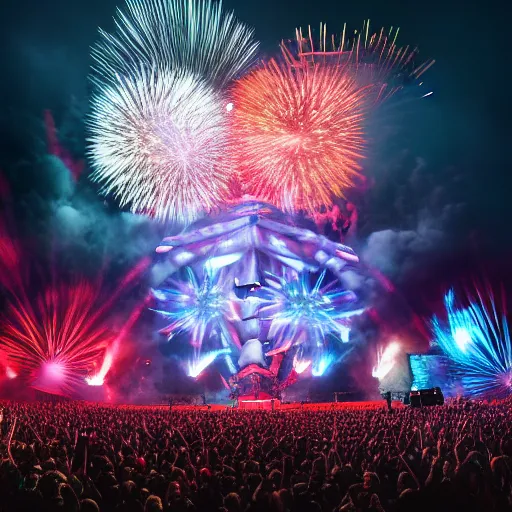 Prompt: outdoor epic festifal mainstage trash hybrid defqon 1 festival light beam lasers, firework, flamethrower, co2, crowd, octane render, 3d, unreal engine, highly detailed, 4k, 8k, HD