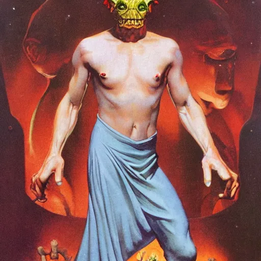Prompt: upper body portrait of a pulp scifi creature, by norman rockwell and boris vallejo