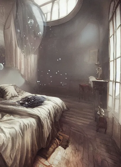 Image similar to a dreary bedroom, but above the bed are fantastical scenes of dreams, dreams invading mundane spaces, fantasy infiltrating reality, bubbles of the impossible, 8k, ultradetailed, illustrated by Greg Rutkowski and Caspar David Friedrich.