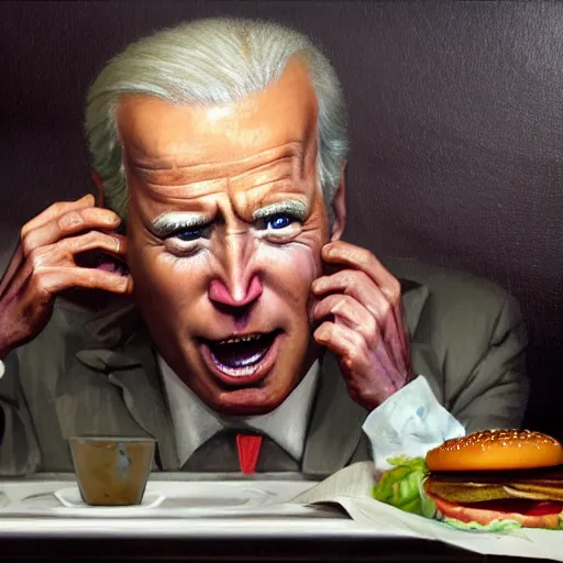 Prompt: surreal grotesque kitsch low-brow portrait of Joe Biden emerging from deep shadows eating hamburgert, extra onions and ketchup, luscious patty with sesame seeds, figure in the darkness, serving big macs, Francisco Goya, painted by John Singer Sargant, Adrian Ghenie, style of Francis Bacon, highly detailed, 8k, trending on artstation