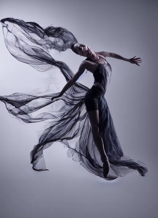 Image similar to a Photorealistic dramatic hyperrealistic render of a glamorous beautiful Female smoke dancer by Ken Brower and Deborah Ory of NYC Dance project,Lois Greenfield,Flowing cloth and smoke,Beautiful dynamic dramatic dark moody lighting,volumetric,shadows,cinematic atmosphere,Octane render,8K