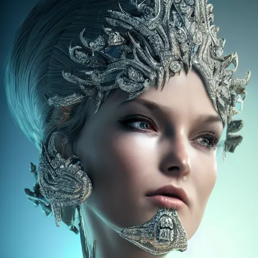 Image similar to full body detailed, ethereal, biomechanical, covered in diamonds and other gems glowing, highly detailed face, elegant posed, intricate, extremy detailed, beeple, cgsociety, 3 d unreal engine octane render. cinematic lighting, highly detailed 4 k art