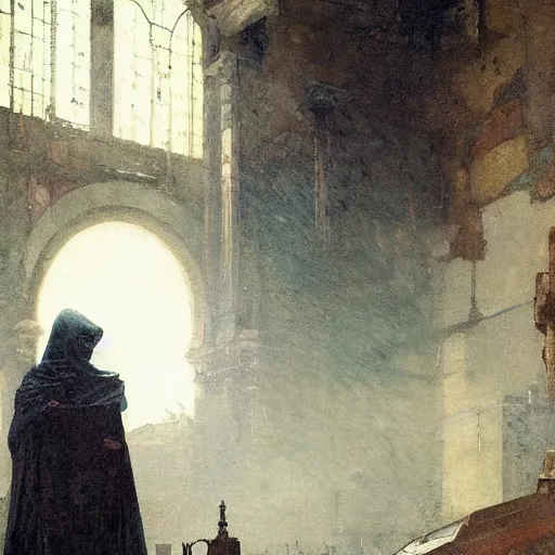 Prompt: half portait of magican wearing a closed cowl with big old book!, jeremy mann, jean leon gerome, alphonse mucha, greg rutkowski, hood covers his eyes, ( ( ruins of ancient rome ) ), at dusk, mysterious atmosphere, sunrays, dof, masterpiece, high detailed, 8 k