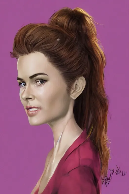 Image similar to mix of beautiful young maria shriver, mariel hemmingway, brooke shields, nicole kidman and elle macpherson as an alien creature, thin lips, hair tied up in a pony tail, dark blonde hair, colorful, artstation, cgsociety