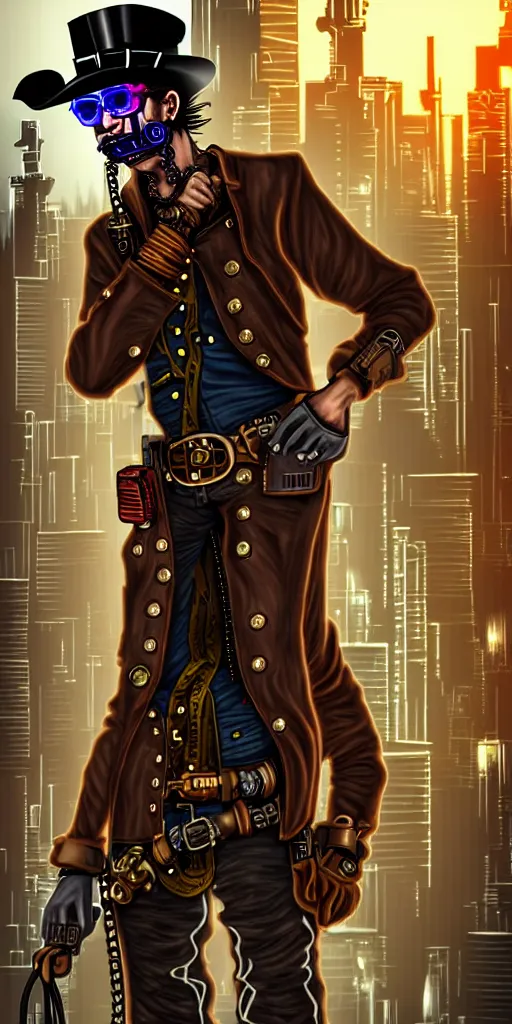 Prompt: Steampunk cowboy in a cyberpunk city