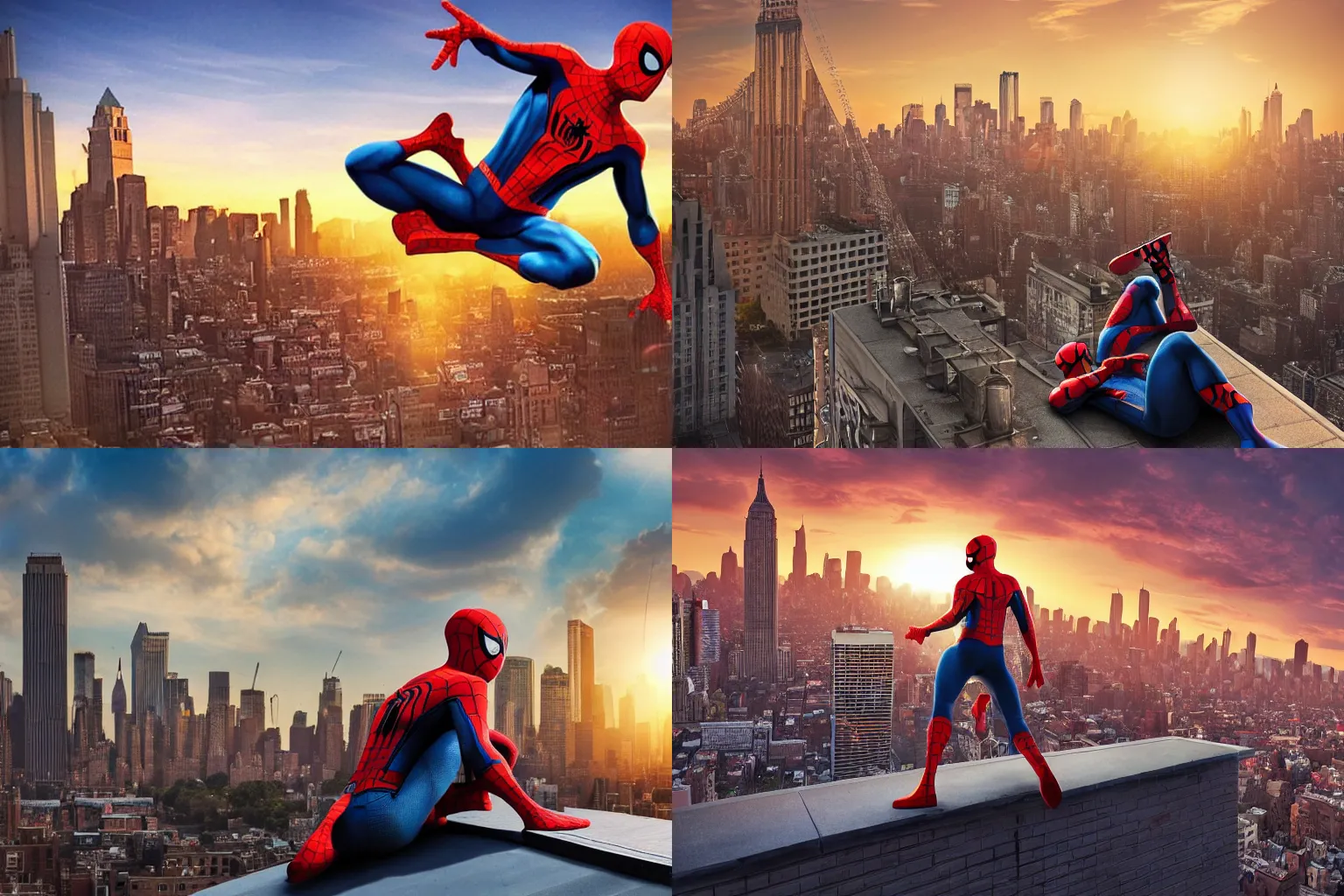 Prompt: Spider-Man lounging on a rooftop in downtown Queens, sunset. Very beautiful matte painting