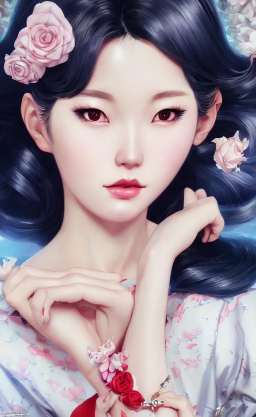 Image similar to a pin up and beautiful fashion charming dreamlke korea girl with lv jewelry, character art, art by artgerm lau and kyoung hwan kim and and ilya kuvshinov and john singer sargent, hyperdetailed, 8 k realistic, symmetrical, frostbite 3 engine, cryengine, dof, trending on artstation, digital art