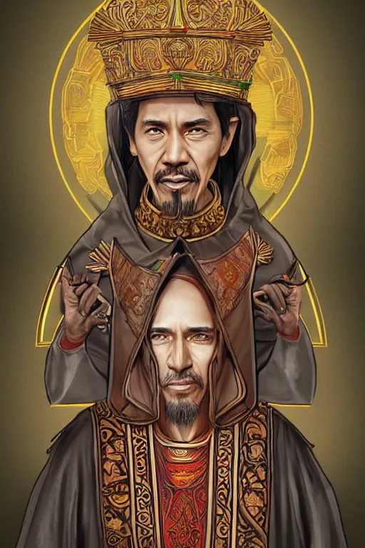 Image similar to saint jokowi, realistic, sketch and art by jacqueline e, color by bo feng lin