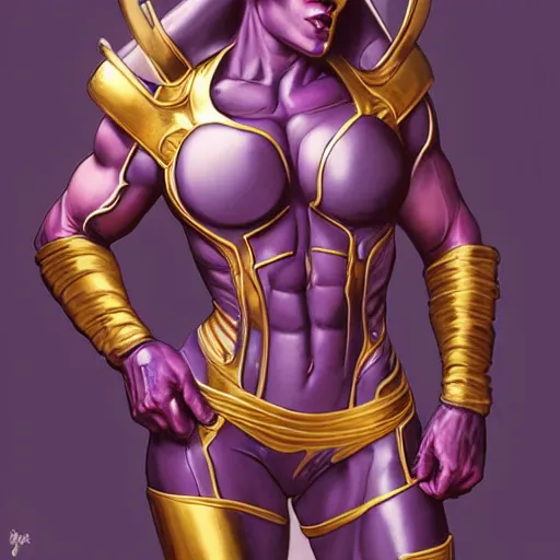 Prompt: thanos as a feminine beautiful muscular fitness model dressed as a battle nun, red lips, attractive, highly detailed full body portrait, pretty face, elegant, breathtaking art, concept art, by artgerm and ilya kuvshinov