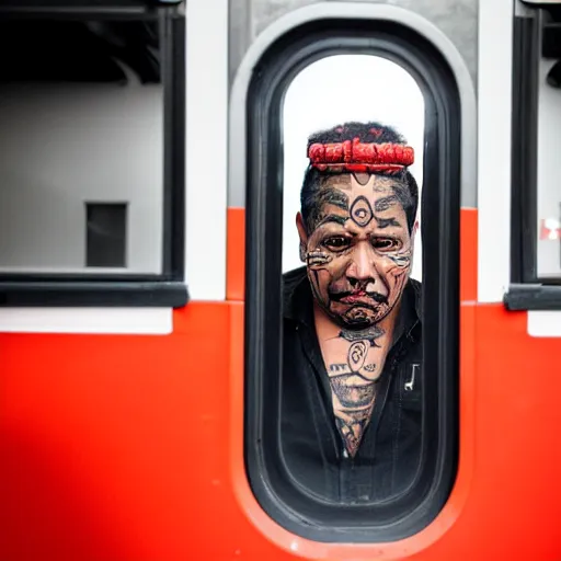 Image similar to photograph of a maori man with face tattoos sitting inside of a train carriage