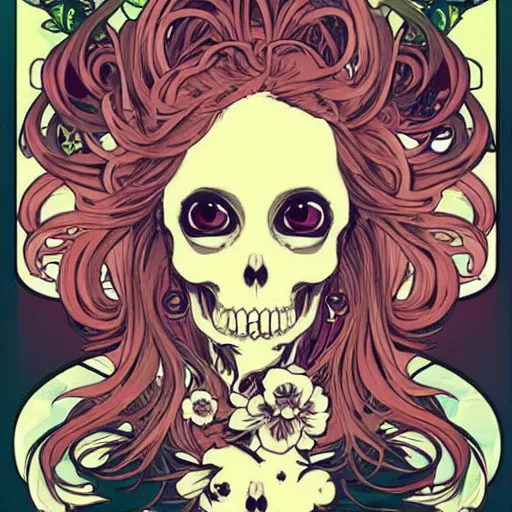 Image similar to anime manga skull portrait woman hair floral details comic skeleton illustration style by Alphonse Mucha and James Jean and Sainer Etam pop art nouveau