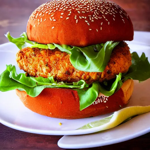 Prompt: a spicy crispy chicken burger, food photography, detailed, yum, fast food