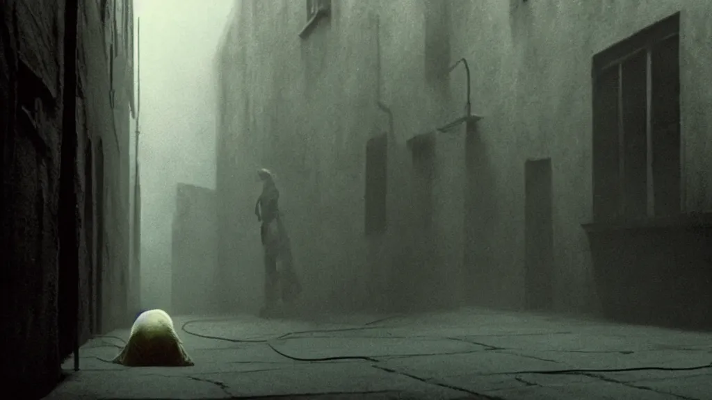 Image similar to the creature in the alley, film still from the movie directed by denis villeneuve and david cronenberg with art direction by salvador dali and zdzisław beksinski, wide lens