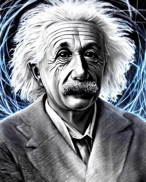 Image similar to a highly detailed portrait of Einstein as a devious male magician radiating a powerful energy aura, ornate back tuxedo, wispy tendrils of smoke, swirling vortex of energy, performance art, intricate, digital painting, old english, raining, sepia, particles floating, whimsical background by marc simonetti, art by artgerm and greg rutkowski and alphonse mucha