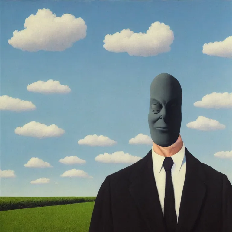 Image similar to portrait of a faceless shadow - head man in a suit, clouds in the background, by rene magritte, detailed painting, distance, middle centered, hd, hq, high resolution, high detail, 4 k, 8 k