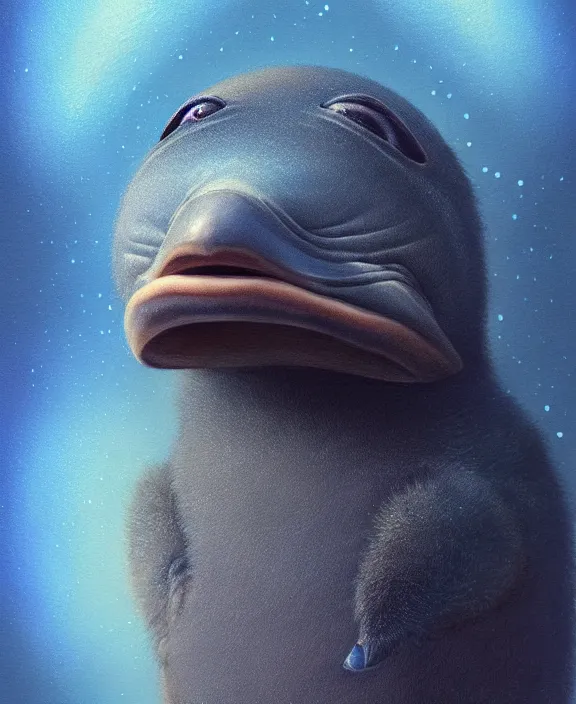 Prompt: cute platypus smiling, perfect face, symmetrical eyes, blue and grey fur, cinematic, stunning, elegant, highly detailed, psychedelic, digital painting, artstation, smooth, hard focus, illustration, art by jessica rossier and and brian froud