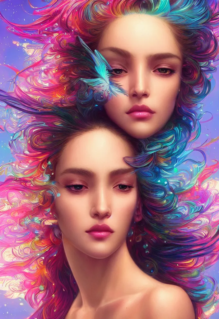 Image similar to beautiful, young woman, detailed gorgeous face, vaporwave aesthetic, synthwave, colorful, psychedelic, water droplets, feathers, crown, artstation, concept art, smooth, extremely sharp detail, finely tuned detail, ultra high definition, 8 k, unreal engine 5, ultra sharp focus, illustration, art by artgerm and greg rutkowski and alphonse mucha