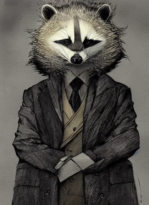 Prompt: a dramatic illustration portrait of an anthropomorphic raccoon mob boss, by posuka demizu, by stephen gammell, by victo ngai, by george ault, in the style of mafia, artstation