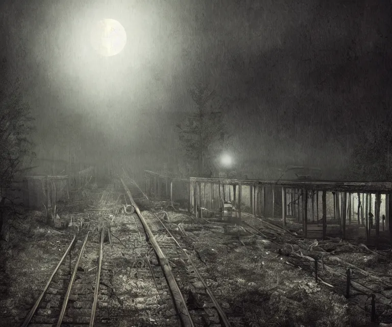 Image similar to creepy ghost train, high res, photorealistic, dark atmosphere, dark fantasy, gloomy tracks, bright lights, forestry