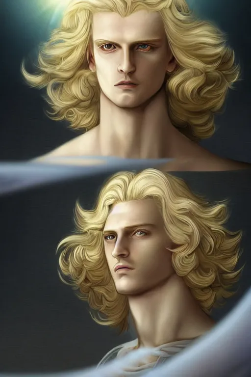 Image similar to digital art of a pale menacing male Cyborg Angel of Battle with fluffy blond curls of hair and piercing eyes, ascending to godhood blessed by the sun, bathed in scintillating radiance, johan liebert mixed with Dante, central composition, he commands the fiery power of resonance and wrath, very very long blond curly hair, baroque curls, by WLOP, Artstation, CGsociety