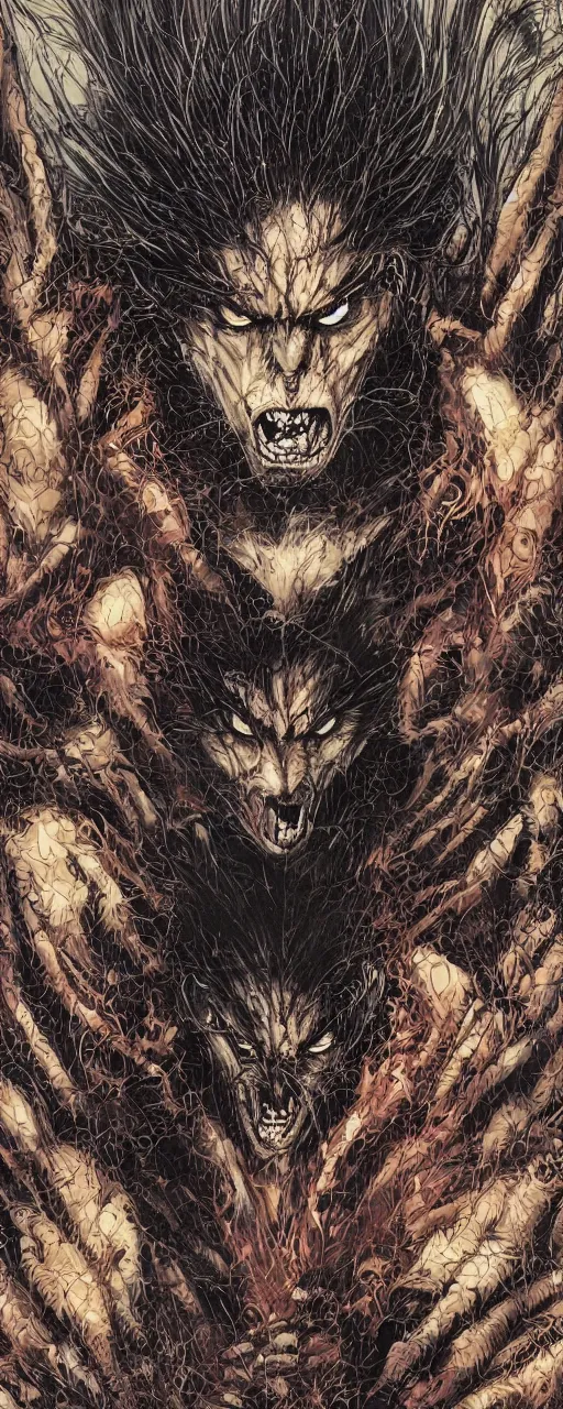 Image similar to wolf man vampire mad, inside a frame on a tiled wall, frontal picture, by yoichi hatakenaka, masamune shirow, josan gonzales and dan mumford, ayami kojima, takato yamamoto, karol bak