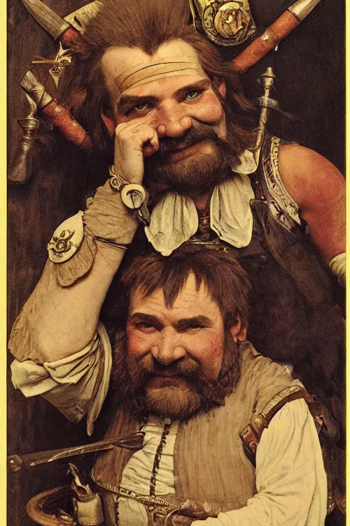 Image similar to head and shoulders portrait in a tavern of a dwarf adventurer, jovial, scarred lip, grandfatherly, leather armor, male, high fantasy, d & d, by alphonse mucha, face details, extremely detailed, vogue magazine photo