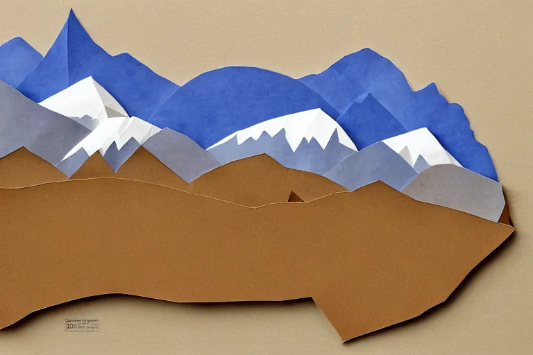 Prompt: mountain range, a banjo emerging behind the blue ridge mountain range, paper art