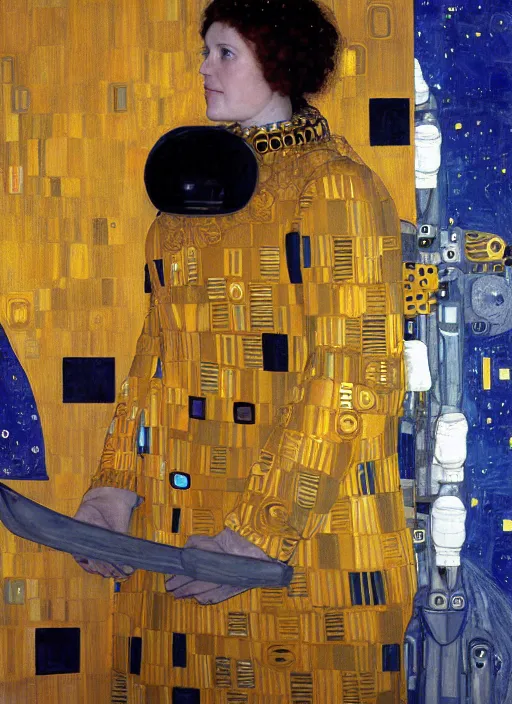 Prompt: woman astronaut in profile, holding a sword, painting by gustav klimt, detailed, ambient lighting, photo realistic, 8 k