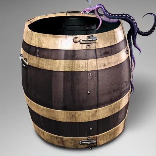 Prompt: a mimic barrel, a barrel with huge tentacles coming out of it