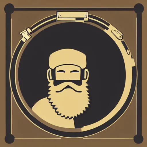Image similar to bearded man turning bowl woodlathe, lathe, machinery, sawblade border, vector art, simple, clean, monochromatic, logo