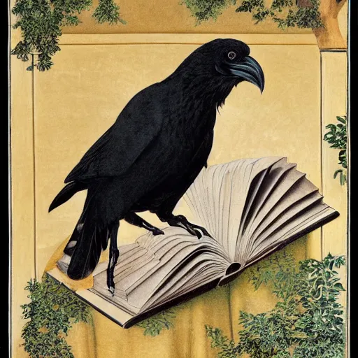 Prompt: beautifully detailed animal portrait of a detailed raven looking at a book laid out on a golden silk cloth, in a serene beautiful stone arched garden at beautiful sunrise by john james audubon and sidney cooper and frederic leighton and rosetti and william morris, 4 k, artstation