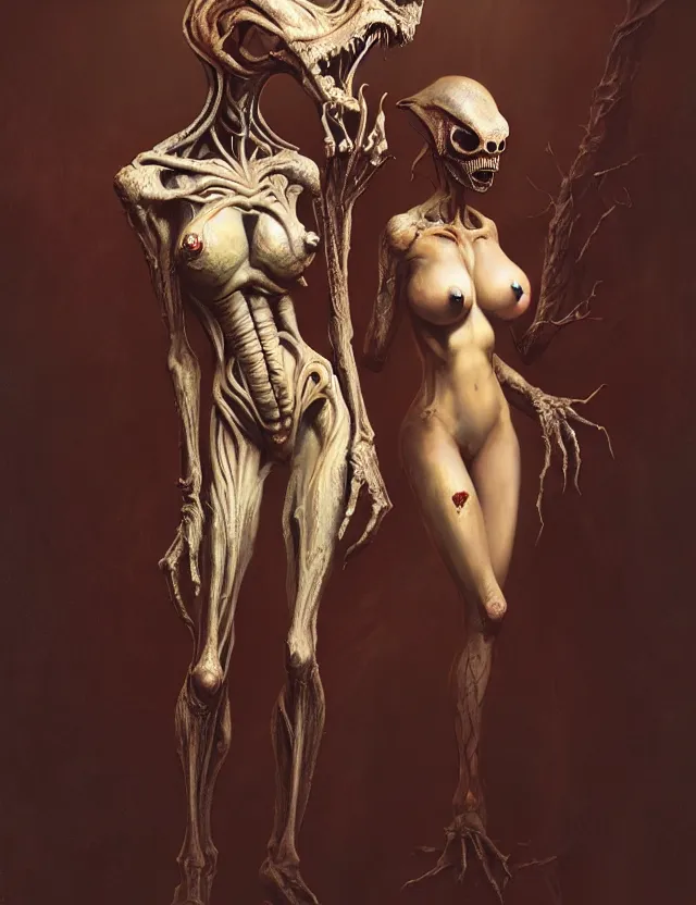 Prompt: ultra realist muted colors horror painting of a dimly lit attractive alien female and hellish creature together, very intricate details, focus, curvy figure, model pose, full frame image, artstyle hiraku tanaka and craig mullins, award winning