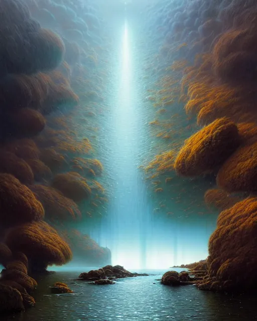 Image similar to a hyper - detailed 3 d render like an oil painting of the aperture of attention viewing the stream of thought, surrealism!!!!! concept art, lifelike, photorealistic, digital painting, smooth, sharp focus, artstation hd, by greg rutkowski, bruce pennington, valentina remenar, rhads, asher duran,