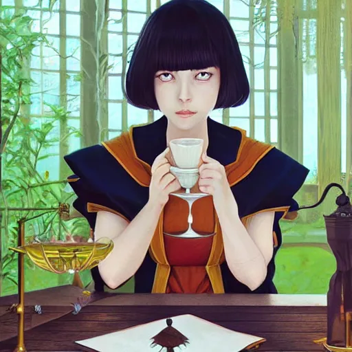 Prompt: Full body portrait of a sorceress sipping tea in her sunlit study, fantasy, digital illustration, exquisitely detailed, Ilya Kuvshinov, Hayao Miyazaki, Kazuma Kaneko