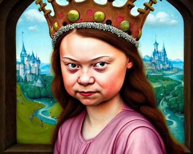 Image similar to closeup profile medieval bosch portrait of greta thunberg as a fairytale princess wearing a crown eating cakes in the castle kitchen, nicoletta ceccoli, mark ryden, lostfish, max fleischer, hyper realistic, artstation, illustration, digital paint, matte paint, vivid colors, bright, cheerful, detailed and intricate environment
