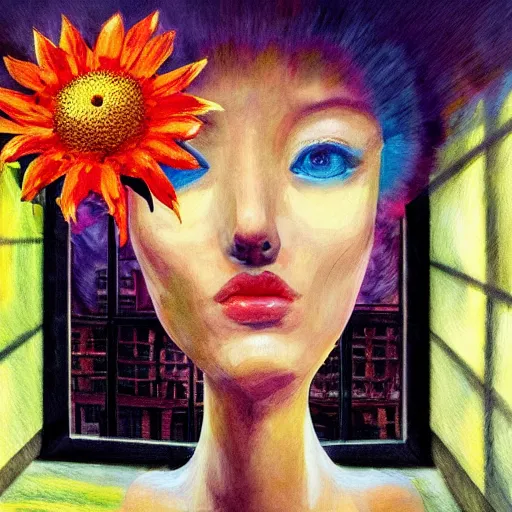 Image similar to giant flower under head, woman next to modern windows, luxury apartment, surreal photography, dramatic light, impressionist painting, digital painting, artstation, arthur adams