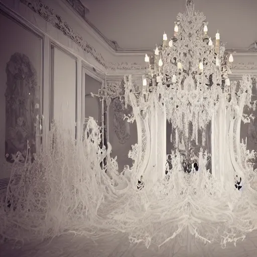 Prompt: explosion of a Gothic baroque white porcelain room furnished with baroque furniture made of white porcelain and white veils, an intricate chandelier of blown branches forming a cloud, and exploding white porcelain objects, all shattering, a trap door in the floor is the passage to another dimension, beautiful white ghosts with long robes and intricate white jewels float in the room. trending on artstation, sensual gloomy, volumetric clouds, unreal render, depth of field