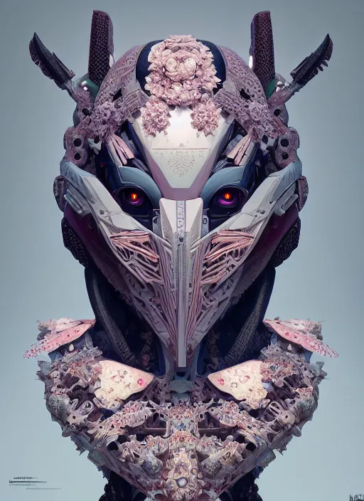 Image similar to symmetry!! portrait of a hybrid robot demon, floral! horizon zero dawn machine, intricate, elegant, highly detailed, ray tracing, digital painting, artstation, concept art, smooth, sharp focus, illustration, art by artgerm and greg rutkowski and alphonse mucha, 8 k