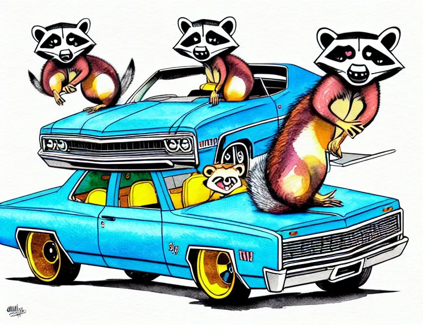 Image similar to cute and funny, racoon riding in a 1 9 6 9 chevrolet impala with oversized engine, ratfink style by ed roth, centered award winning watercolor pen illustration, isometric illustration by chihiro iwasaki, edited by range murata, tiny details by artgerm and watercolor girl, symmetrically isometrically centered